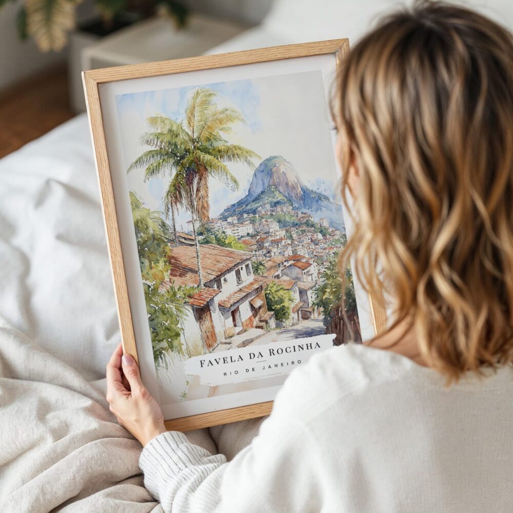 Woman Holding Framed Rio De Janeiro Rocinha Favela Watercolor Wall Art - Portrait Woman Holding Framed Rio De Janeiro Rocinha Favela Watercolor Wall Art - Portrait