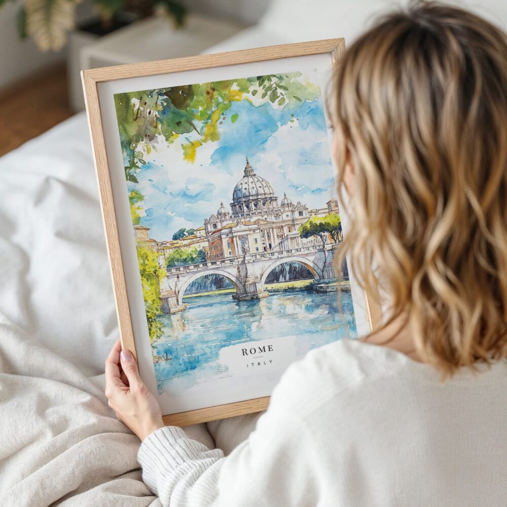 Woman Holding Framed Rome Italy Watercolor Wall Art - Portrait Woman Holding Framed Rome Italy Watercolor Wall Art - Portrait