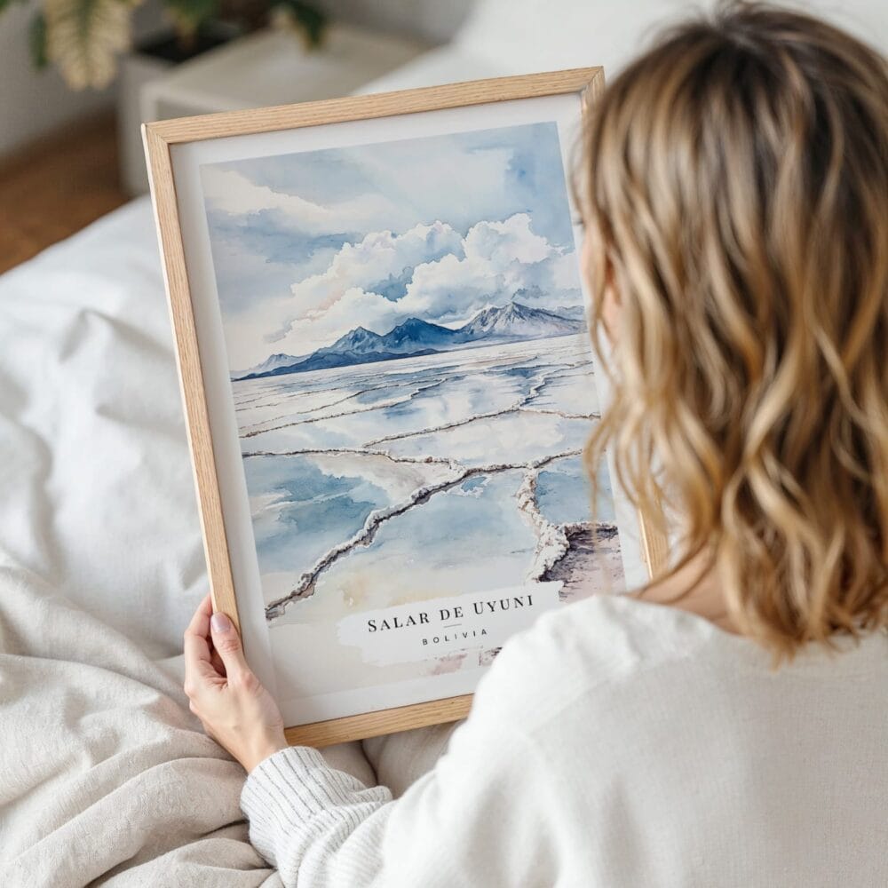 Woman Holding Framed Salar de Uyuni Watercolor Wall Art - Portrait Woman Holding Framed Salar de Uyuni Watercolor Wall Art - Portrait
