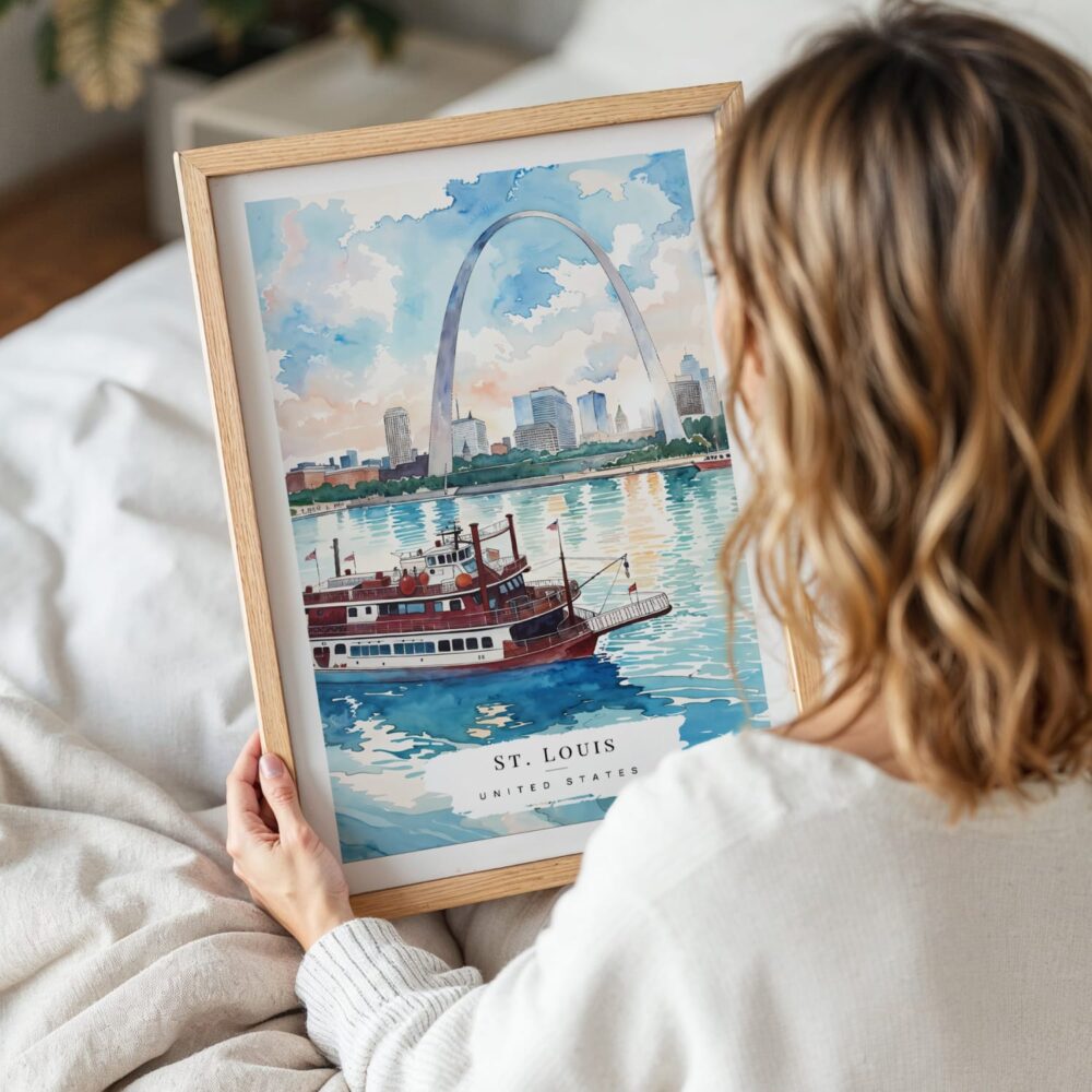 Woman Holding Framed St Louis Skyline Watercolor Wall Art - Portrait Woman Holding Framed St Louis Skyline Watercolor Wall Art - Portrait