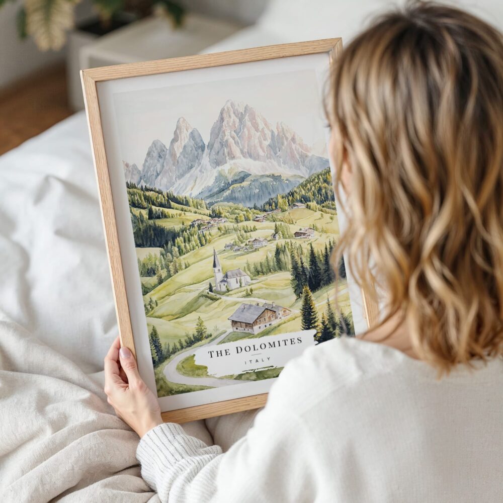 Woman Holding Framed The Dolomites Watercolor Wall Art - Portrait Woman Holding Framed The Dolomites Watercolor Wall Art - Portrait