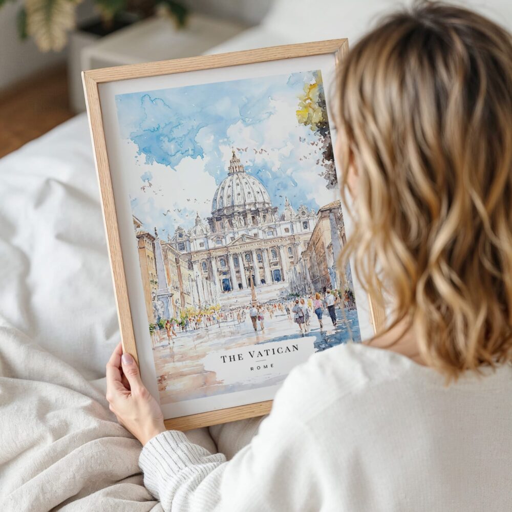 Woman Holding Framed The Vatican Watercolor Wall Art - Portrait Woman Holding Framed The Vatican Watercolor Wall Art - Portrait