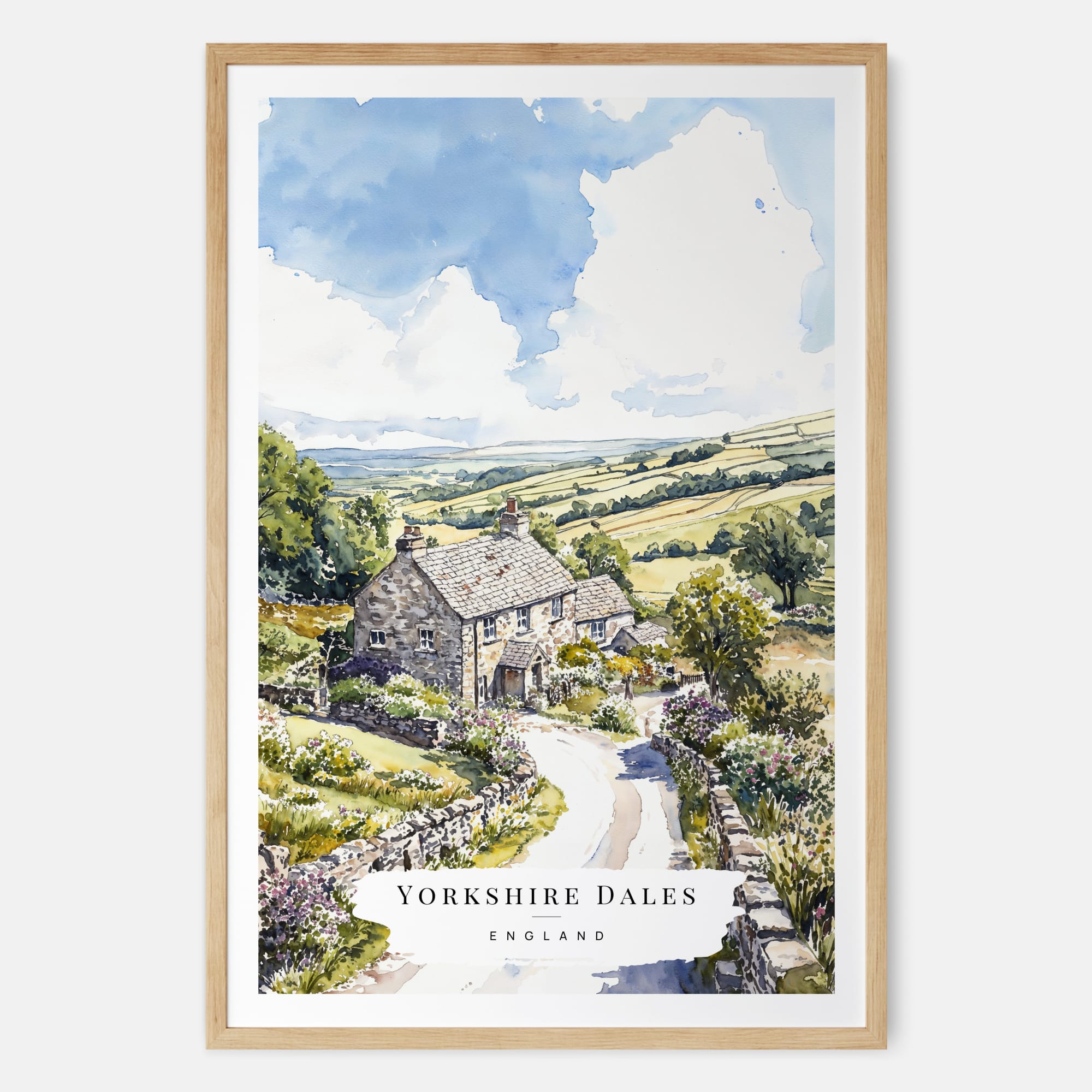 Yorkshire Dales Watercolor Print with Cozy Stone Cottage