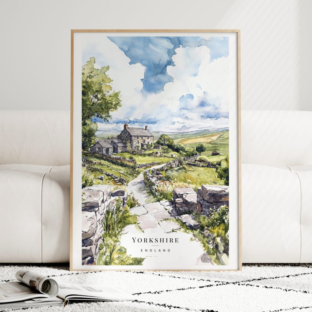Yorkshire Stone Cottage Watercolor Art Print - Wood Frame standing on Floor Yorkshire Stone Cottage Watercolor Art Print - Wood Frame standing on Floor