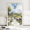 Yorkshire Stone Cottage Watercolor Art Print - Wood Frame standing on Floor