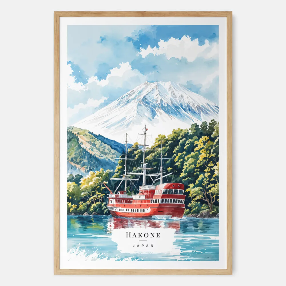 00 - Hakone with Mount Fuji Watercolor Art Print - Main - Wood Frame