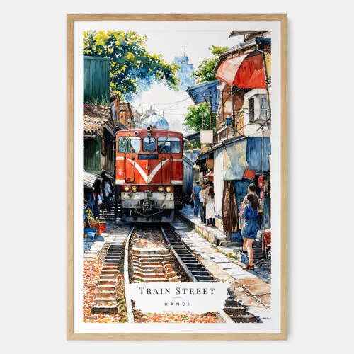 00 - Hanoi Train Street Vietnam Watercolor Art Print - Main - Wood Frame.jpg