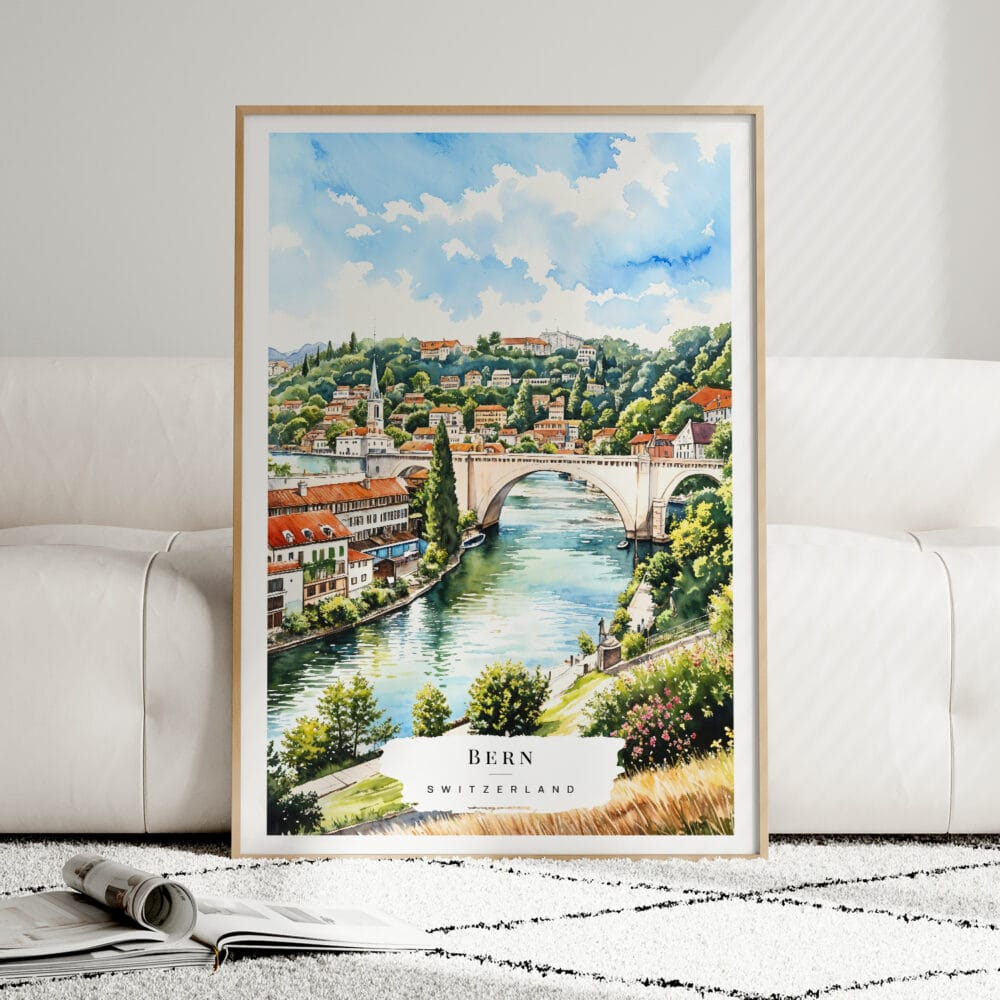 01 - Framed Bern Switzerland Watercolor Wall Art leaning against couch - Portrait.jpg 01 - Framed Bern Switzerland Watercolor Wall Art leaning against couch - Portrait.jpg