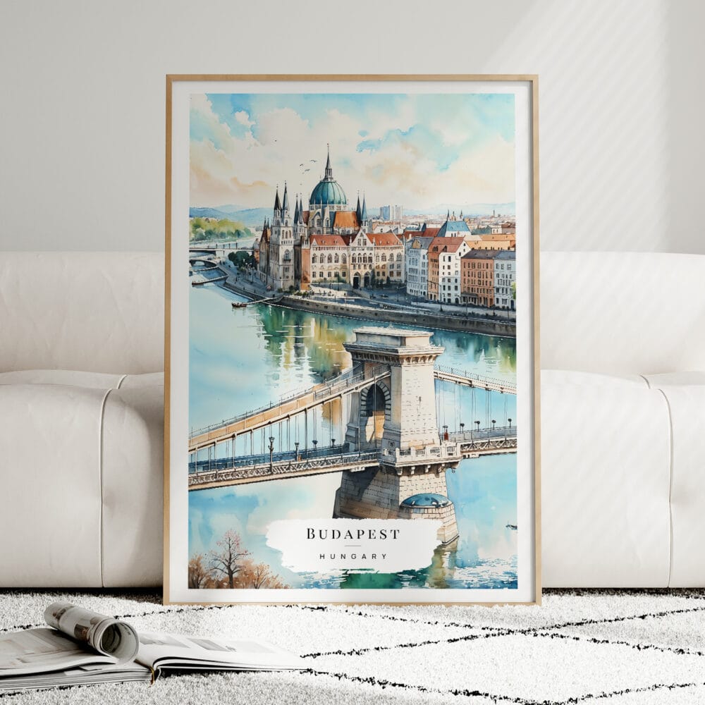 01 - Framed  Budapest Hungary Watercolor Wall Art leaning against couch - Portrait.jpg 01 - Framed Budapest Hungary Watercolor Wall Art leaning against couch - Portrait.jpg