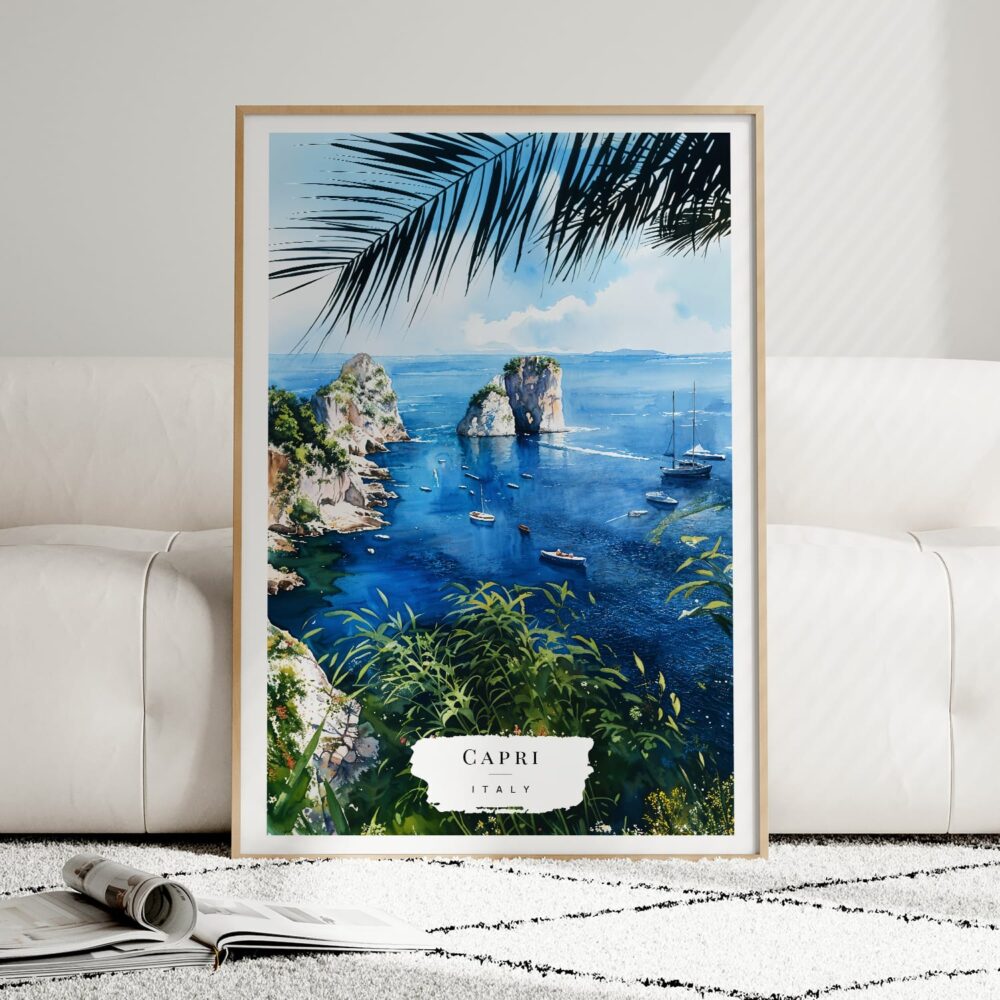01 - Framed Capri Italy Watercolor Wall Art leaning against couch - Portrait.jpg 01 - Framed Capri Italy Watercolor Wall Art leaning against couch - Portrait.jpg