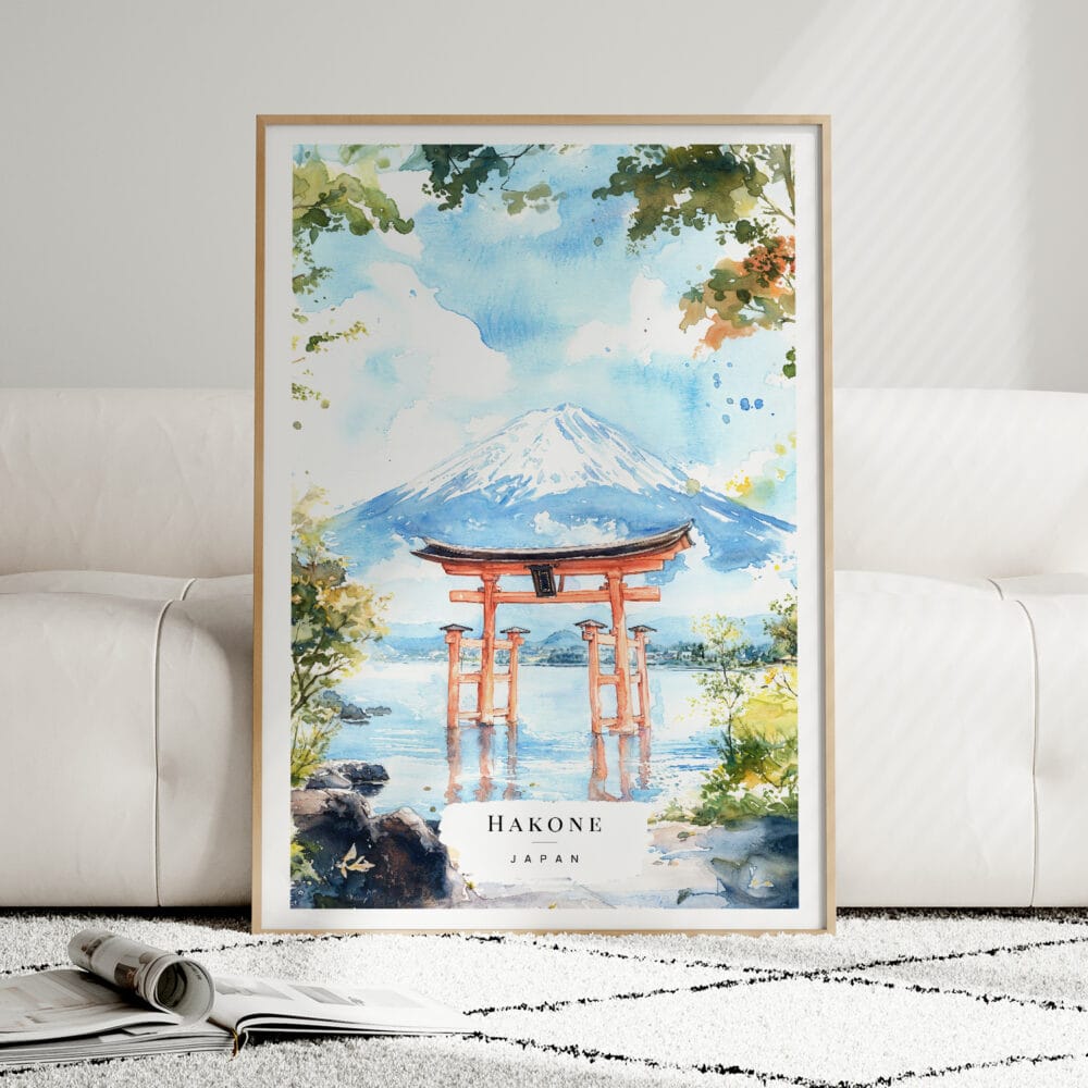 01 - Framed Hakone Gate Watercolor Wall Art leaning against couch - Portrait 01 - Framed Hakone Gate Watercolor Wall Art leaning against couch - Portrait
