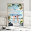 01 - Framed Hakone Gate Watercolor Wall Art leaning against couch - Portrait