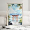 01 - Framed Hakone Gate Watercolor Wall Art leaning against couch - Portrait