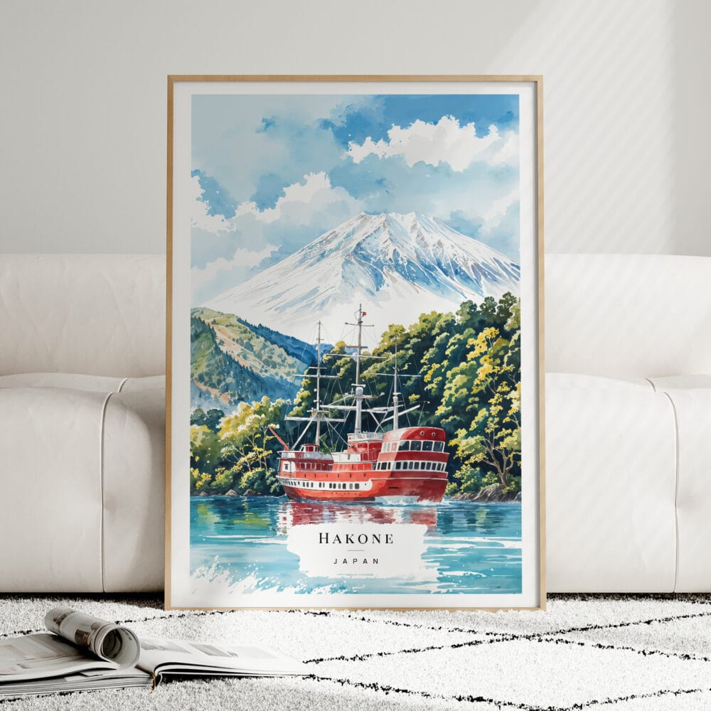 01 - Framed Hakone with Mount Fuji Watercolor Wall Art leaning against couch - Portrait 01 - Framed Hakone with Mount Fuji Watercolor Wall Art leaning against couch - Portrait