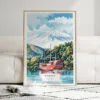 01 - Framed Hakone with Mount Fuji Watercolor Wall Art leaning against couch - Portrait