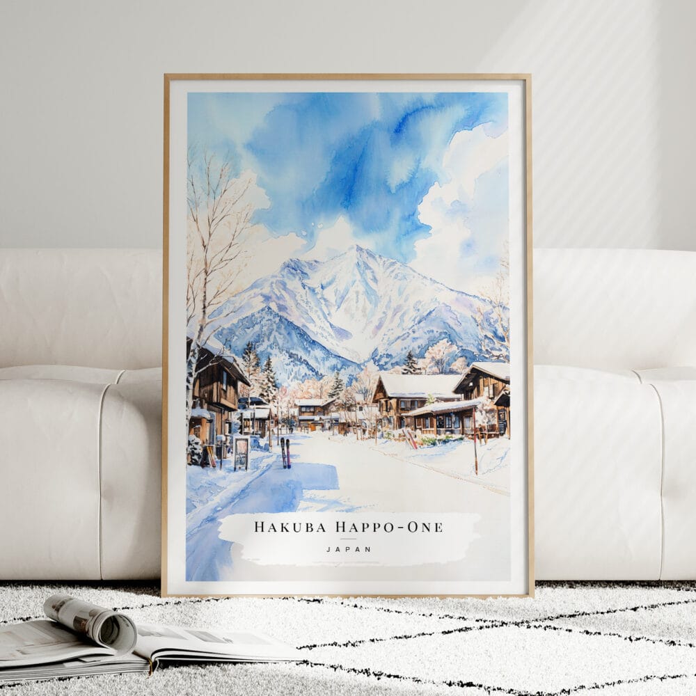 01 - Framed Hakuba Happo One Japan Watercolor Wall Art leaning against couch - Portrait 01 - Framed Hakuba Happo One Japan Watercolor Wall Art leaning against couch - Portrait