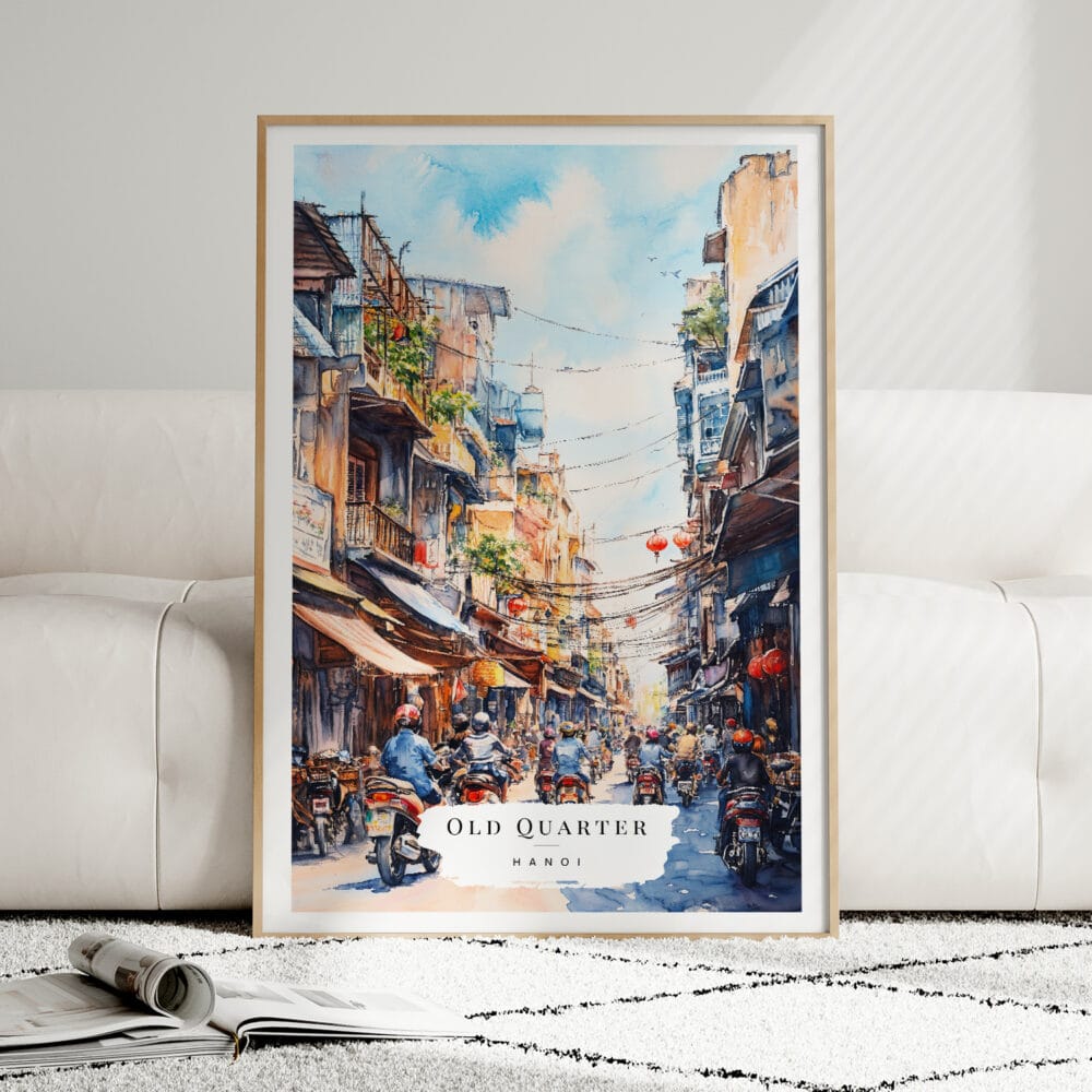 01 - Framed Hanoi Old Quarter Watercolor Wall Art leaning against couch - Portrait.jpg 01 - Framed Hanoi Old Quarter Watercolor Wall Art leaning against couch - Portrait.jpg