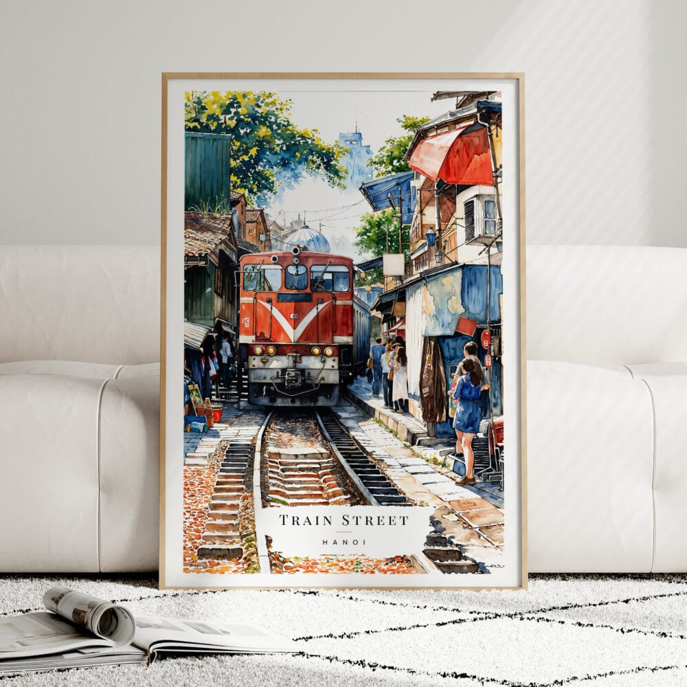 01 - Framed Hanoi Train Street Vietnam Watercolor Wall Art leaning against couch - Portrait.jpg 01 - Framed Hanoi Train Street Vietnam Watercolor Wall Art leaning against couch - Portrait.jpg