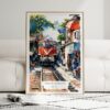 01 - Framed Hanoi Train Street Vietnam Watercolor Wall Art leaning against couch - Portrait.jpg