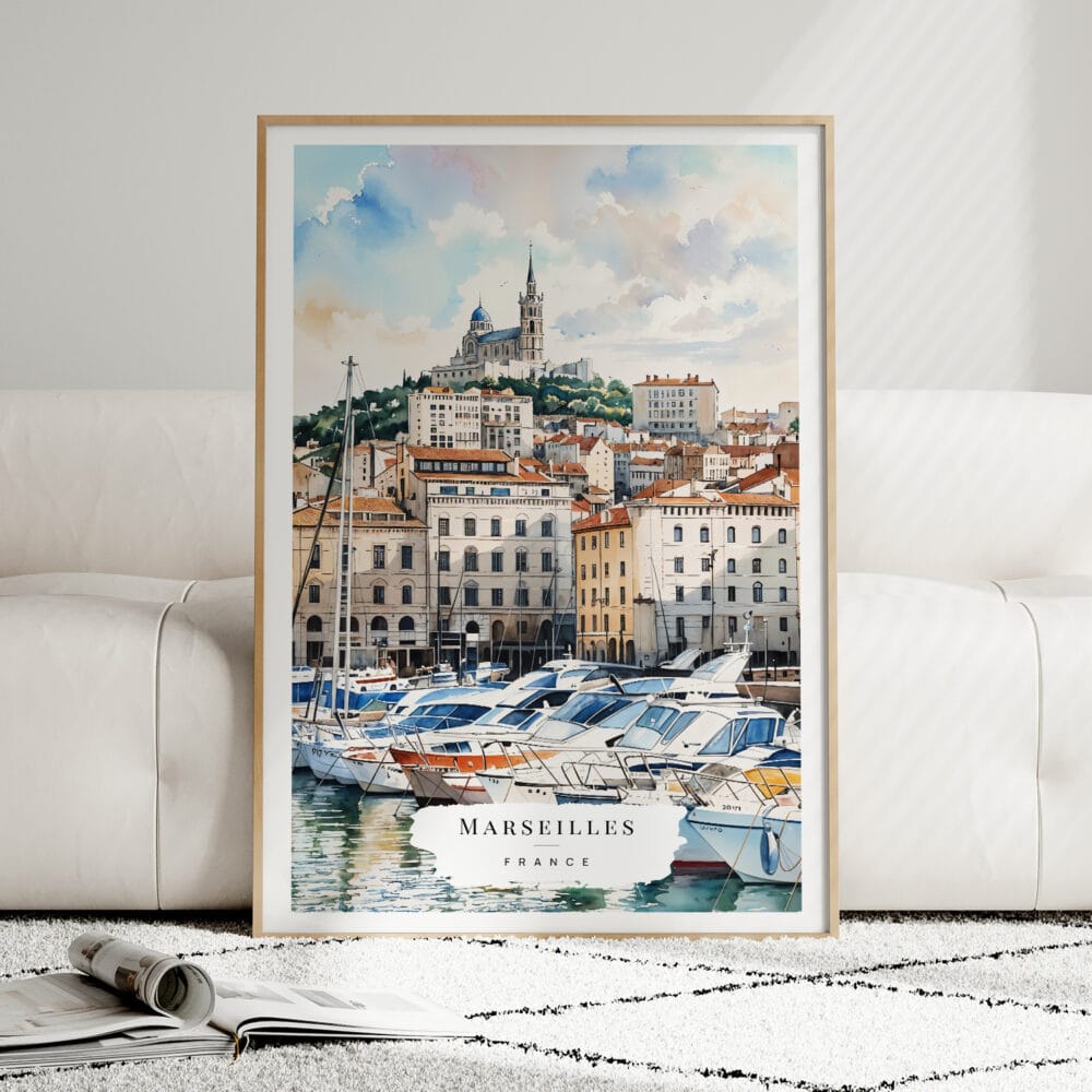 01 - Framed Marseilles Watercolor Wall Art leaning against couch - Portrait.jpg 01 - Framed Marseilles Watercolor Wall Art leaning against couch - Portrait.jpg