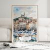 01 - Framed Marseilles Watercolor Wall Art leaning against couch - Portrait.jpg