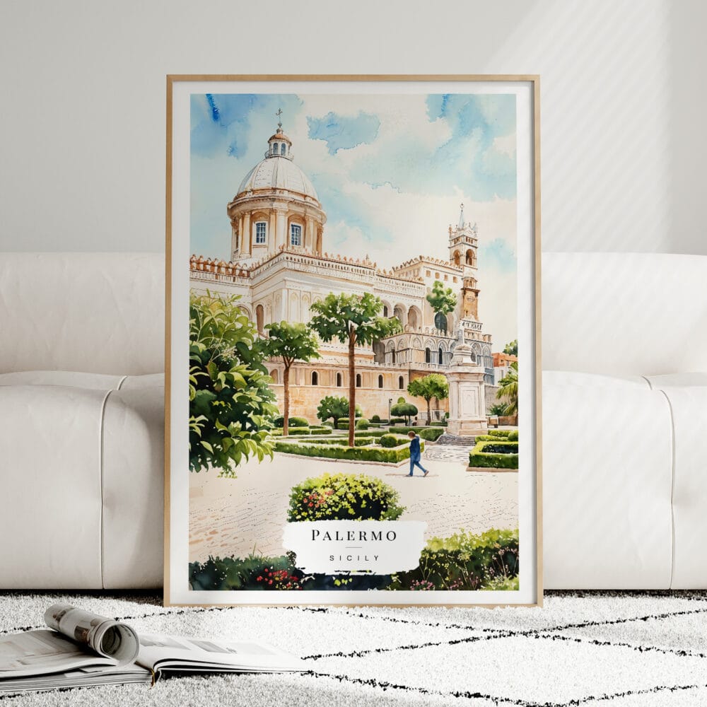 01 - Framed Palermo Watercolor Wall Art leaning against couch - Portrait.jpg 01 - Framed Palermo Watercolor Wall Art leaning against couch - Portrait.jpg