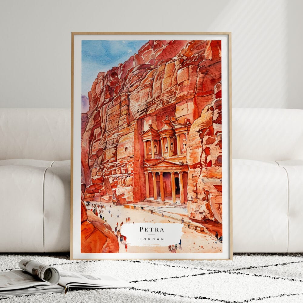 01 - Framed  Petra Jordan Watercolor Wall Art leaning against couch - Portrait.jpg 01 - Framed Petra Jordan Watercolor Wall Art leaning against couch - Portrait.jpg