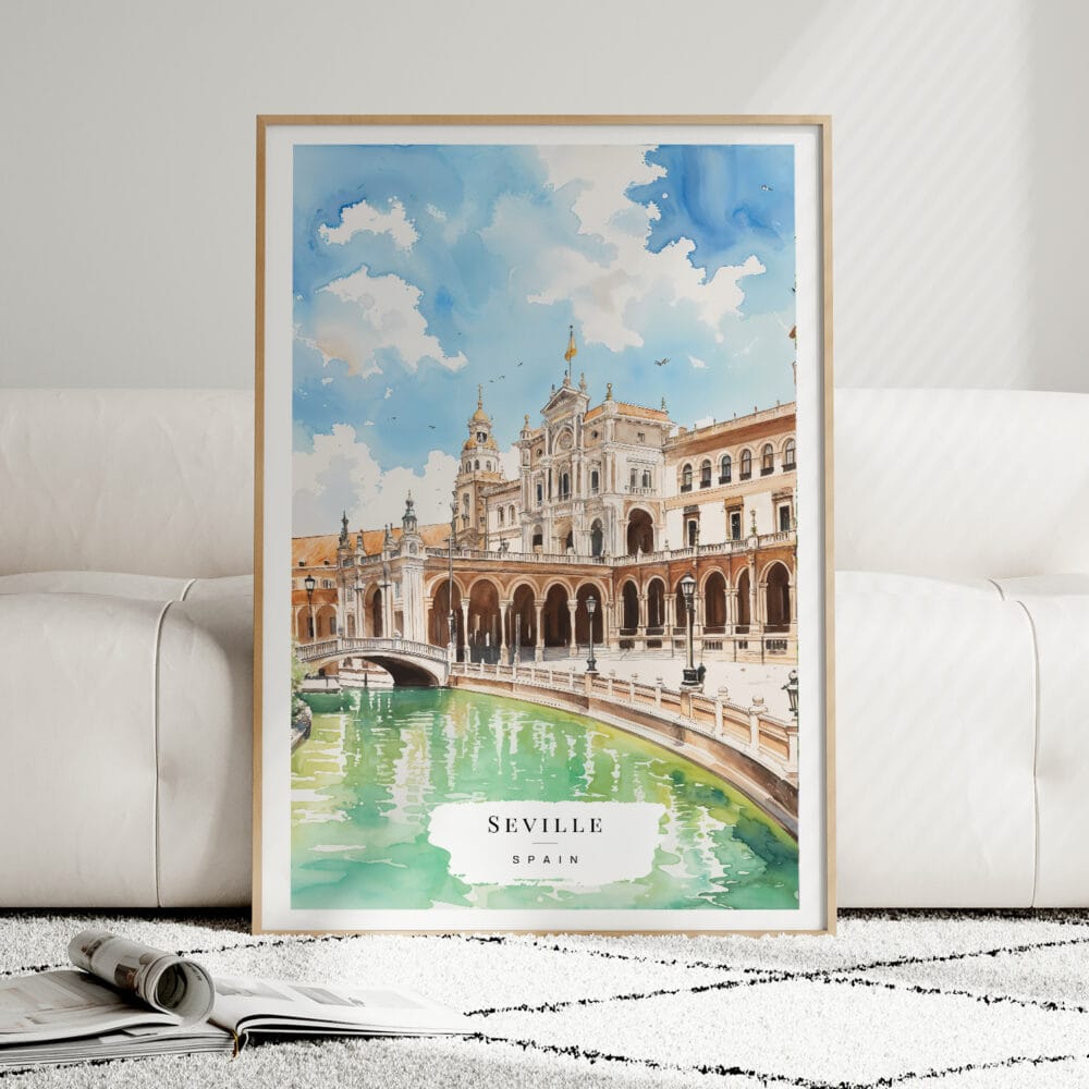 01 - Framed Seville Plaza De Espana Watercolor Wall Art leaning against couch - Portrait.jpg 01 - Framed Seville Plaza De Espana Watercolor Wall Art leaning against couch - Portrait.jpg
