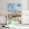 01 - Framed Seville Plaza De Espana Watercolor Wall Art leaning against couch - Portrait.jpg