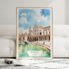 01 - Framed Seville Plaza De Espana Watercolor Wall Art leaning against couch - Portrait.jpg