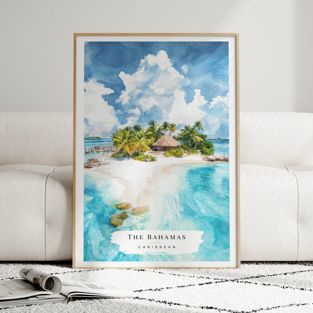 01 - Framed  The Bahamas Watercolor Wall Art leaning against couch - Portrait.jpg 01 - Framed The Bahamas Watercolor Wall Art leaning against couch - Portrait.jpg