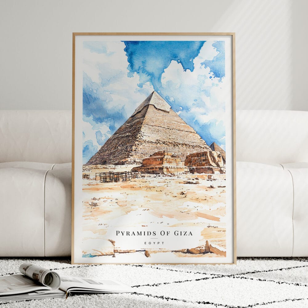 01 - Framed  The Pyramids of Giza Watercolor Wall Art leaning against couch - Portrait.jpg 01 - Framed The Pyramids of Giza Watercolor Wall Art leaning against couch - Portrait.jpg
