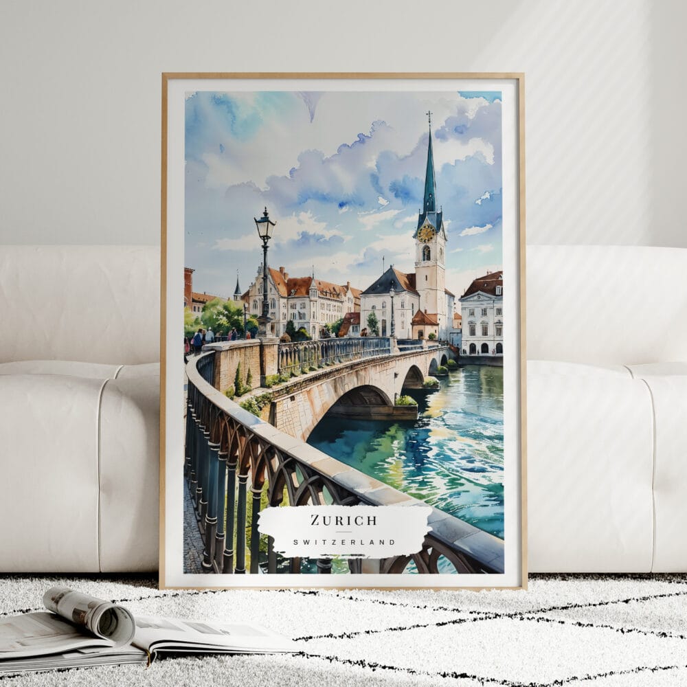 01 - Framed Zurich Switzerland Watercolor Wall Art leaning against couch - Portrait.jpg 01 - Framed Zurich Switzerland Watercolor Wall Art leaning against couch - Portrait.jpg