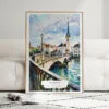 01 - Framed Zurich Switzerland Watercolor Wall Art leaning against couch - Portrait.jpg