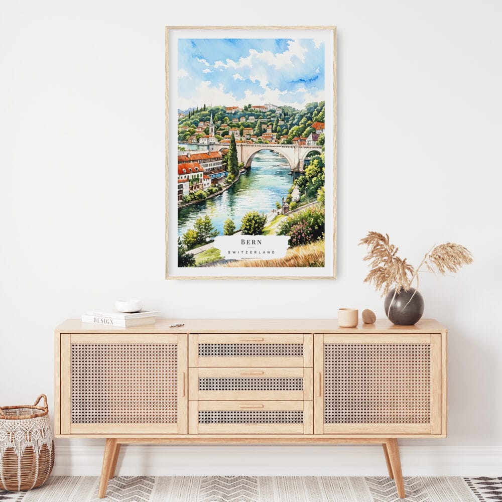 02 - Bern Switzerland Watercolor Art Print Hanging above Shelf.jpg 02 - Bern Switzerland Watercolor Art Print Hanging above Shelf.jpg