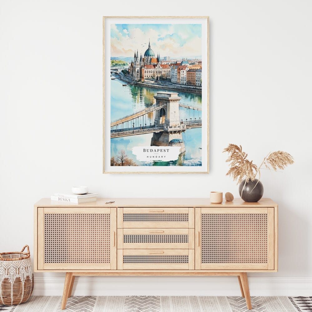 02 -  Budapest Hungary Watercolor Art Print Hanging above Shelf.jpg 02 - Budapest Hungary Watercolor Art Print Hanging above Shelf.jpg