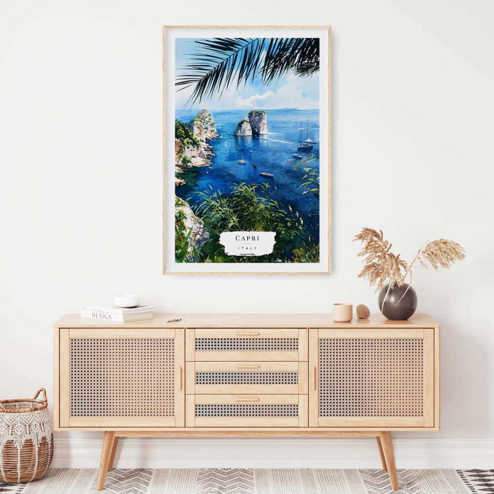 02 - Capri Italy Watercolor Art Print Hanging above Shelf.jpg 02 - Capri Italy Watercolor Art Print Hanging above Shelf.jpg