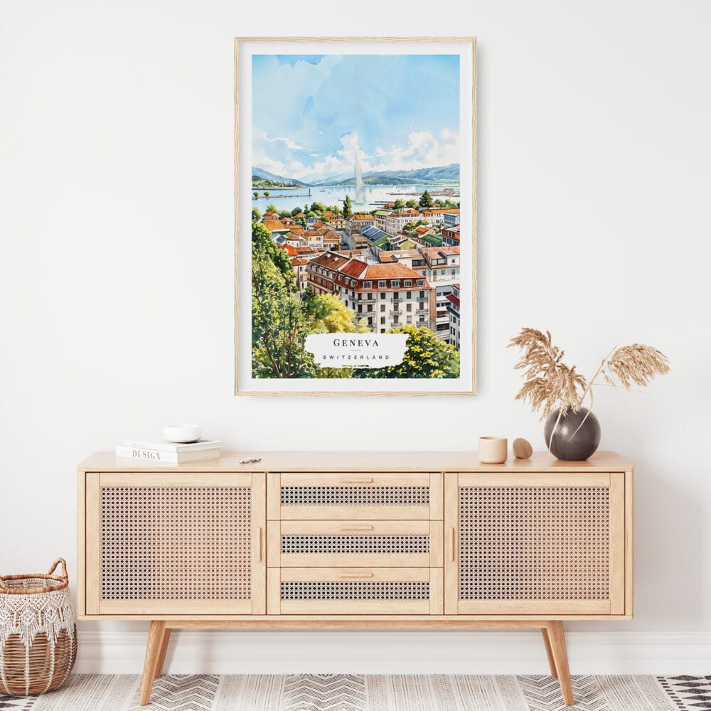 02 - Geneva Switzerland Watercolor Art Print Hanging above Shelf.jpg 02 - Geneva Switzerland Watercolor Art Print Hanging above Shelf.jpg