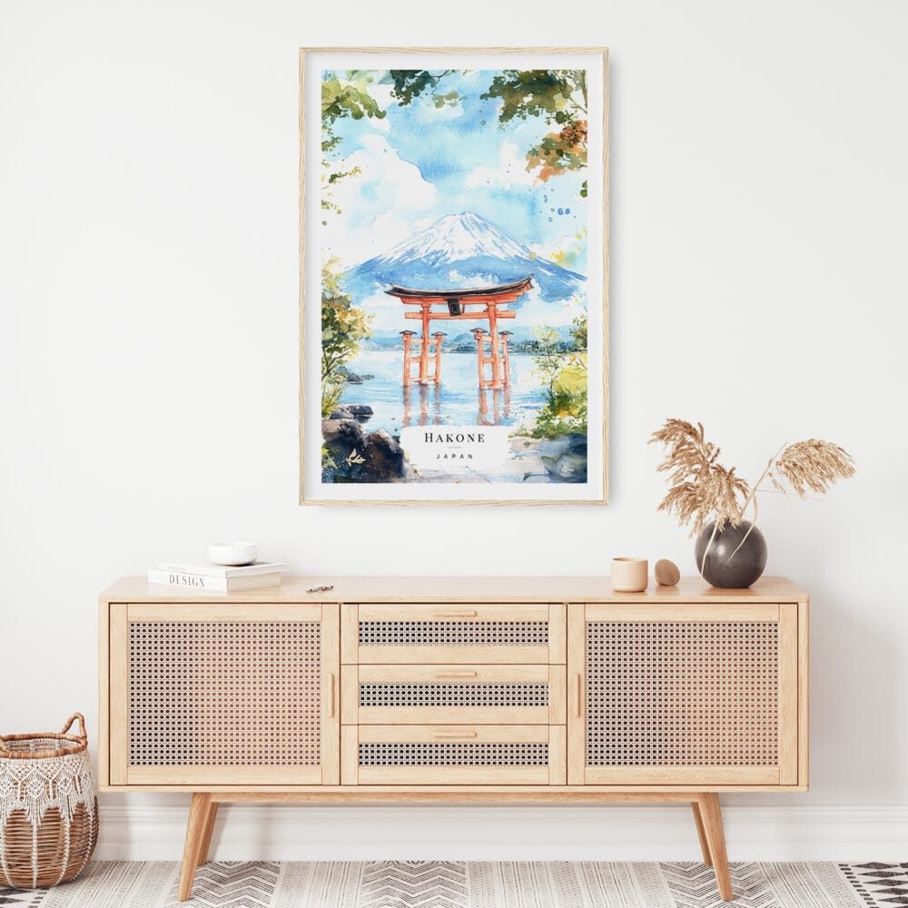 02 - Hakone Gate Watercolor Art Print Hanging above Shelf 02 - Hakone Gate Watercolor Art Print Hanging above Shelf