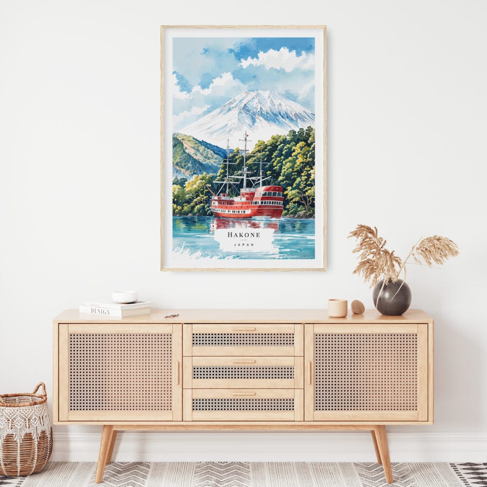 02 - Hakone with Mount Fuji Watercolor Art Print Hanging above Shelf 02 - Hakone with Mount Fuji Watercolor Art Print Hanging above Shelf
