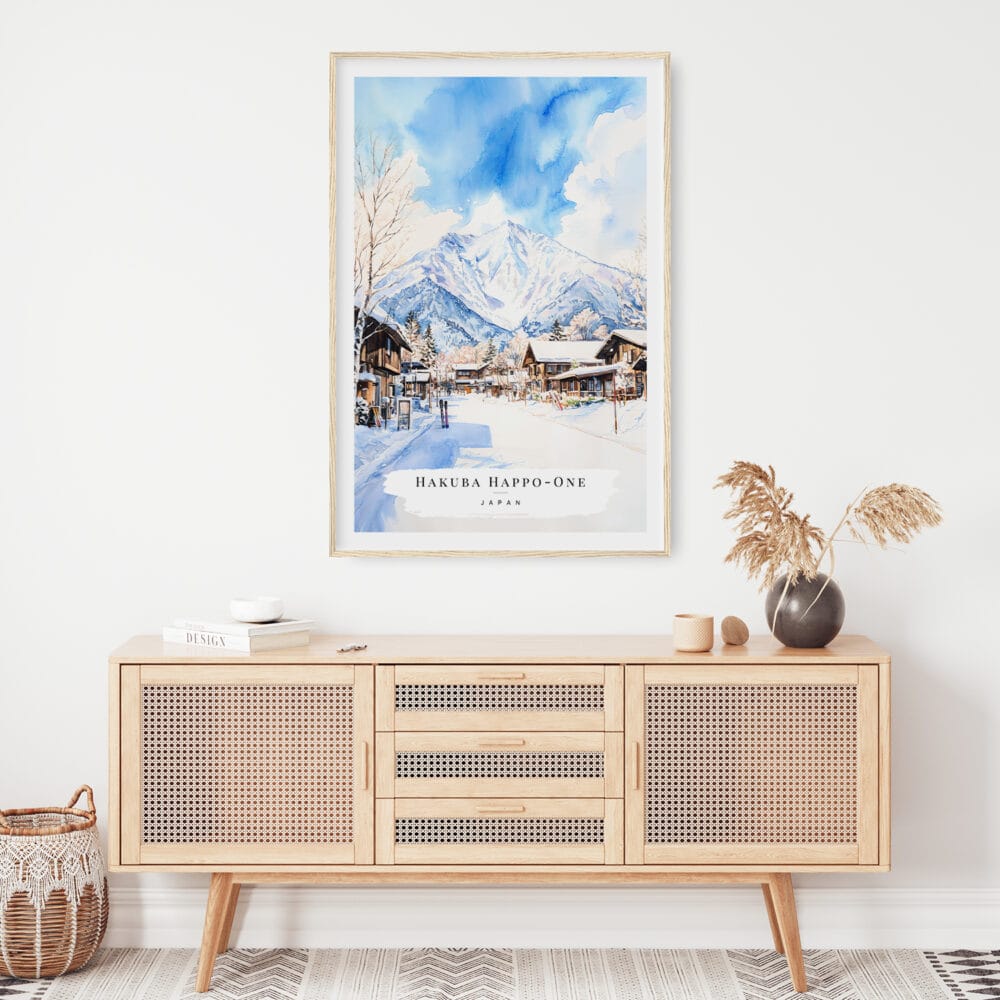 02 - Hakuba Happo One Japan Watercolor Art Print Hanging above Shelf 02 - Hakuba Happo One Japan Watercolor Art Print Hanging above Shelf
