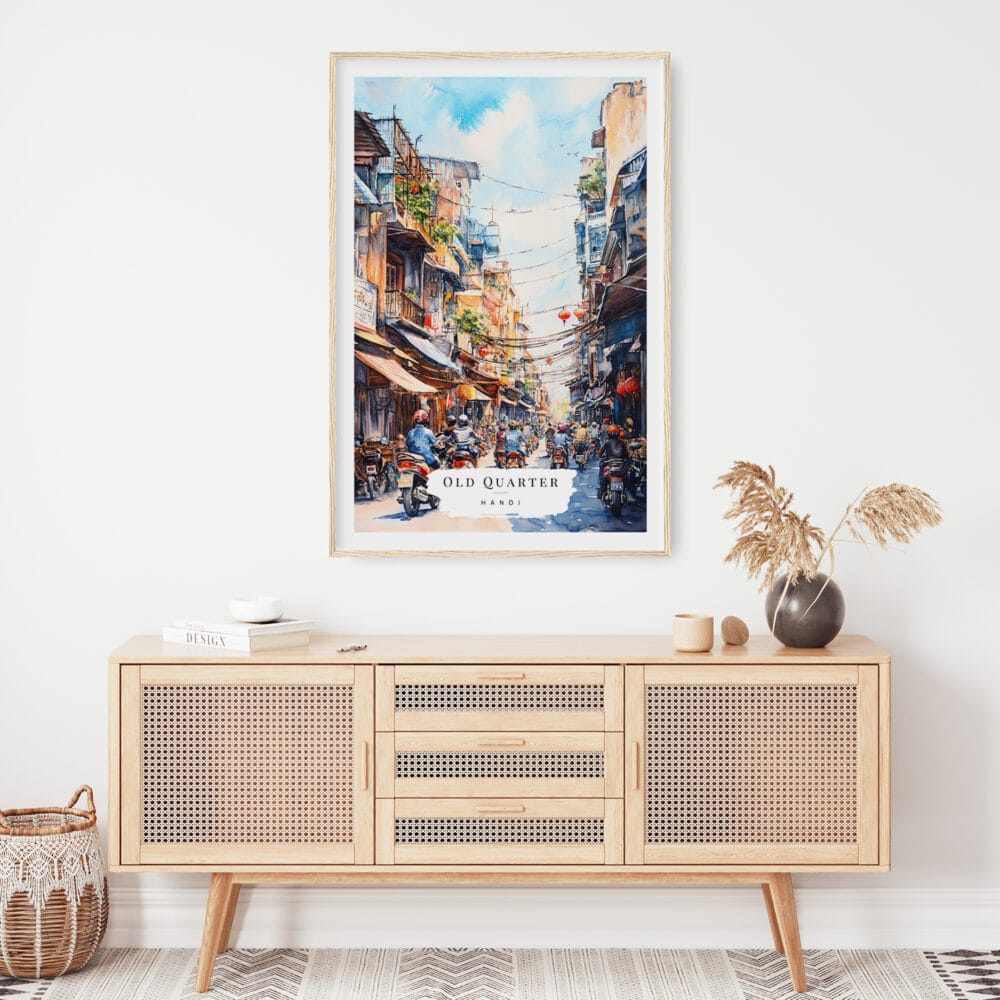 02 - Hanoi Old Quarter Watercolor Art Print Hanging above Shelf.jpg 02 - Hanoi Old Quarter Watercolor Art Print Hanging above Shelf.jpg