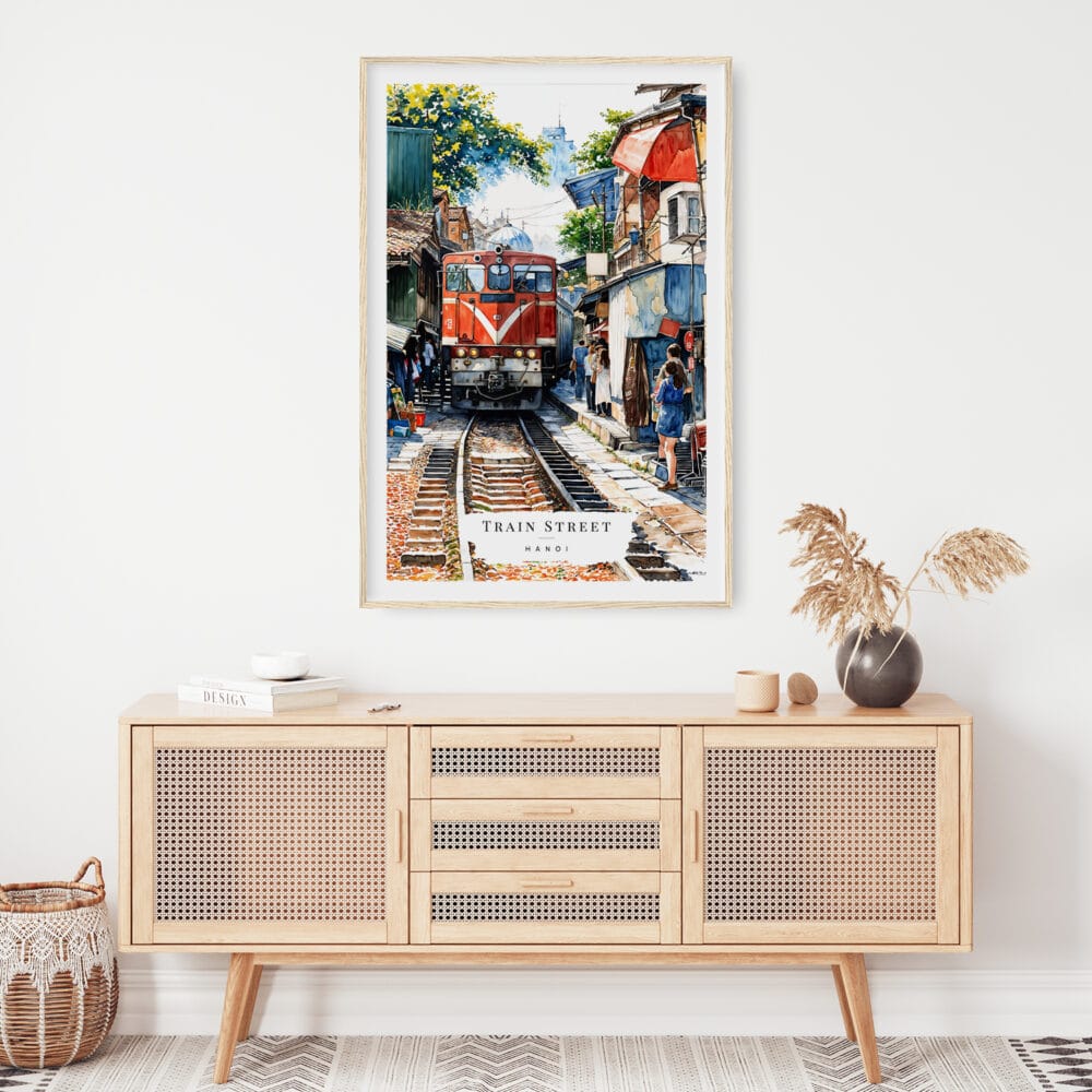02 - Hanoi Train Street Vietnam Watercolor Art Print Hanging above Shelf.jpg 02 - Hanoi Train Street Vietnam Watercolor Art Print Hanging above Shelf.jpg