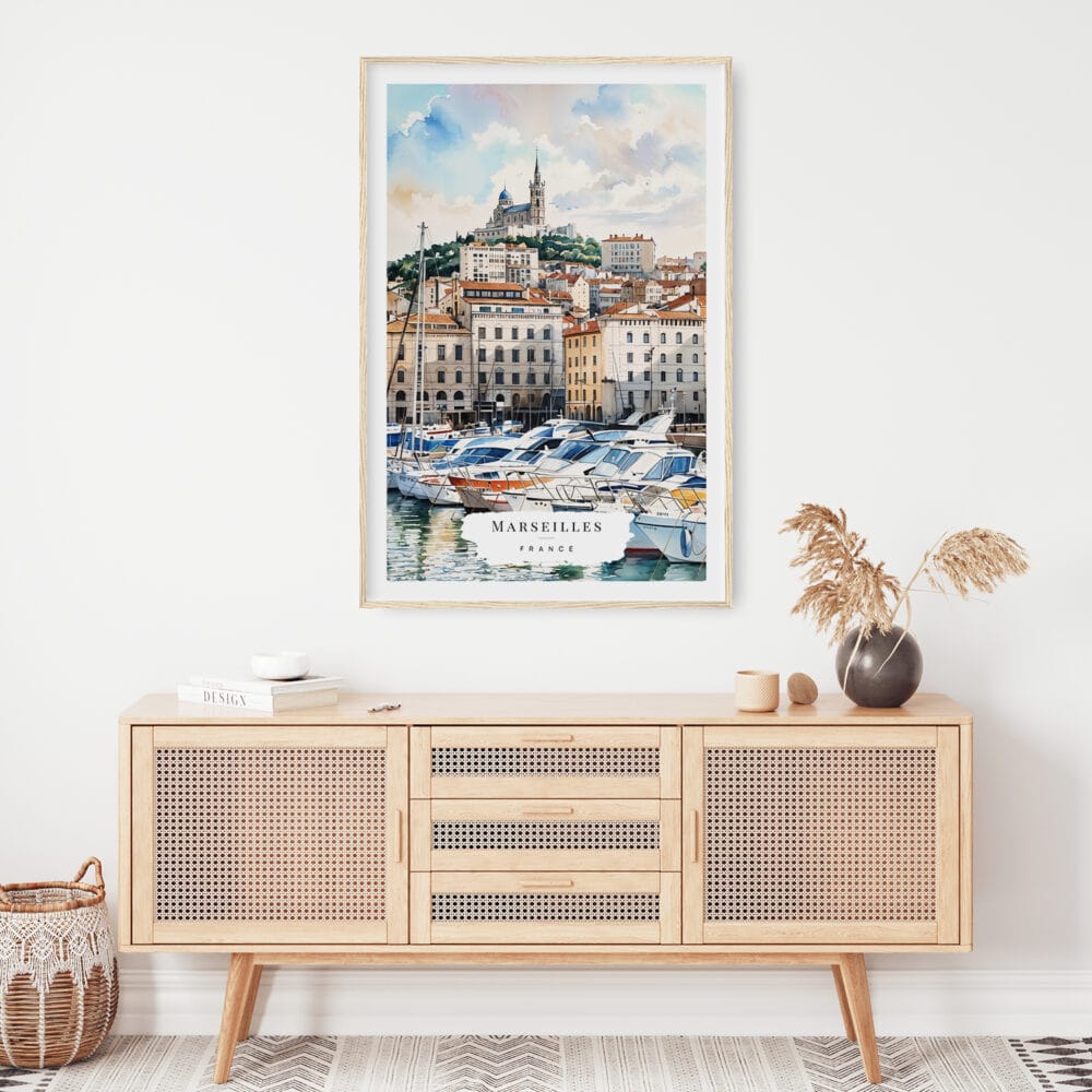 02 - Marseilles Watercolor Art Print Hanging above Shelf.jpg 02 - Marseilles Watercolor Art Print Hanging above Shelf.jpg