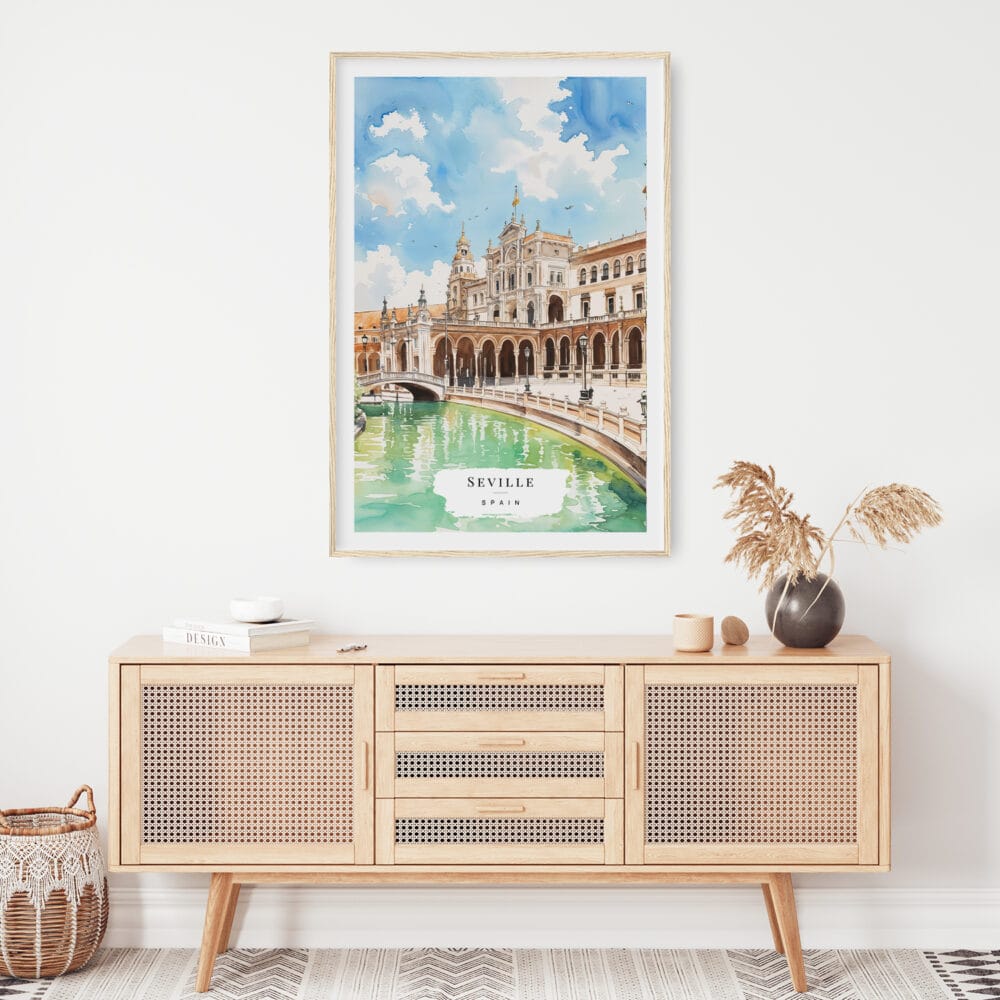 02 - Seville Plaza De Espana Watercolor Art Print Hanging above Shelf.jpg 02 - Seville Plaza De Espana Watercolor Art Print Hanging above Shelf.jpg