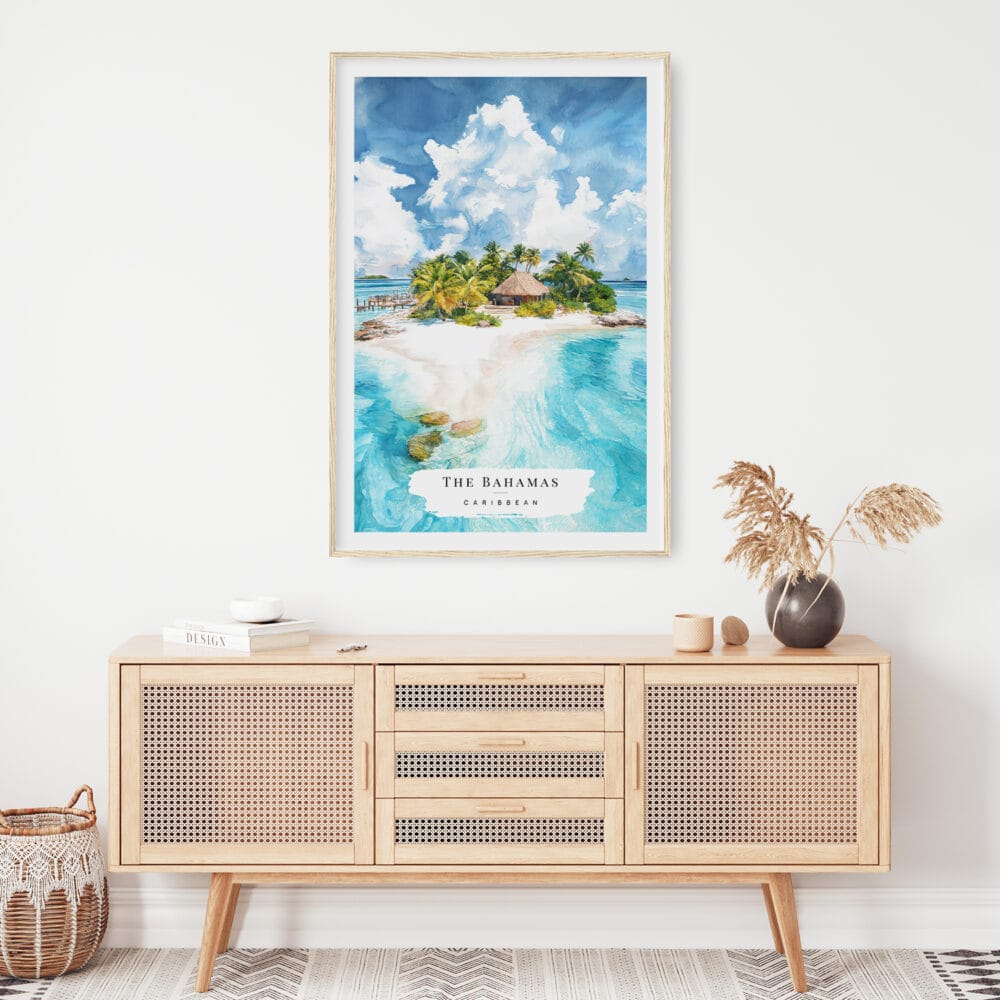 02 -  The Bahamas Watercolor Art Print Hanging above Shelf.jpg 02 - The Bahamas Watercolor Art Print Hanging above Shelf.jpg