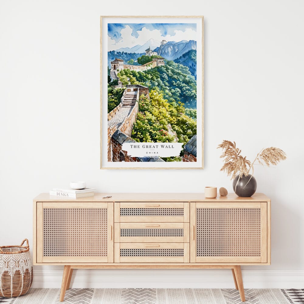 02 - The Great Wall of China Watercolor Art Print Hanging above Shelf.jpg 02 - The Great Wall of China Watercolor Art Print Hanging above Shelf.jpg