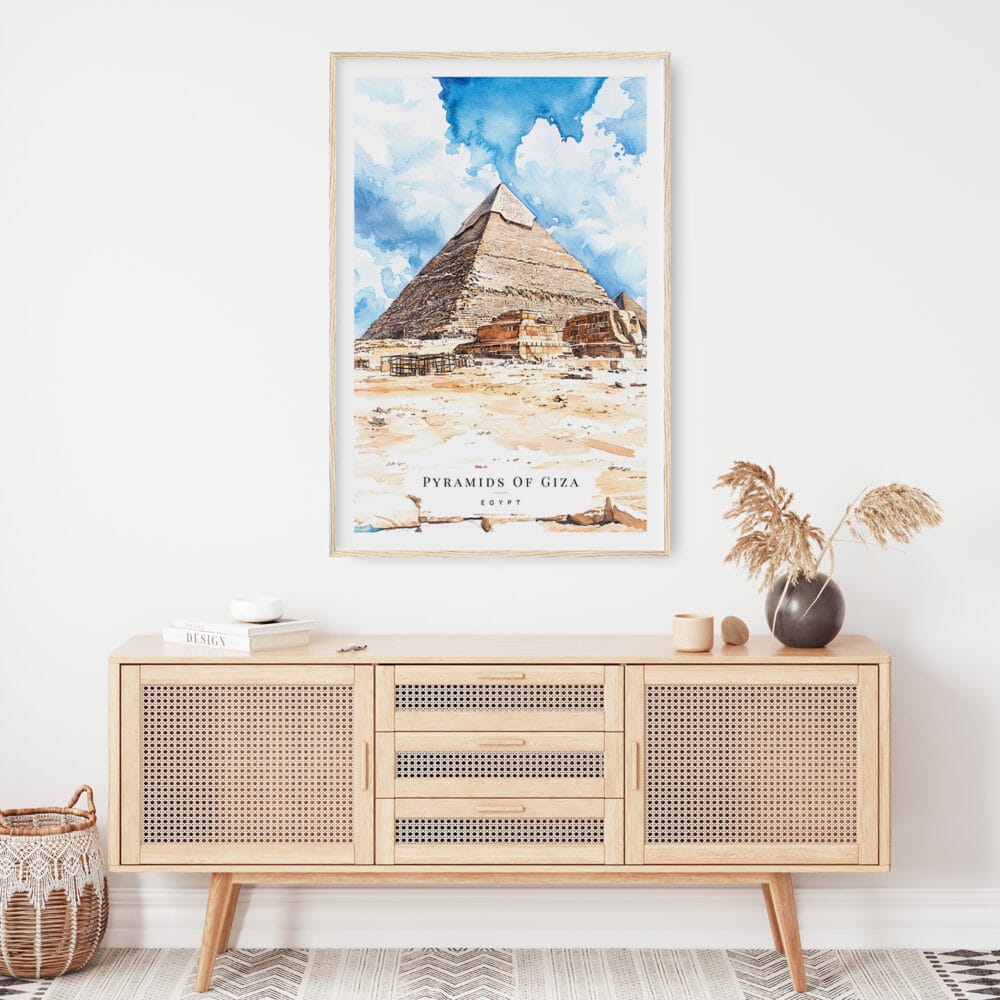 02 -  The Pyramids of Giza Watercolor Art Print Hanging above Shelf.jpg 02 - The Pyramids of Giza Watercolor Art Print Hanging above Shelf.jpg