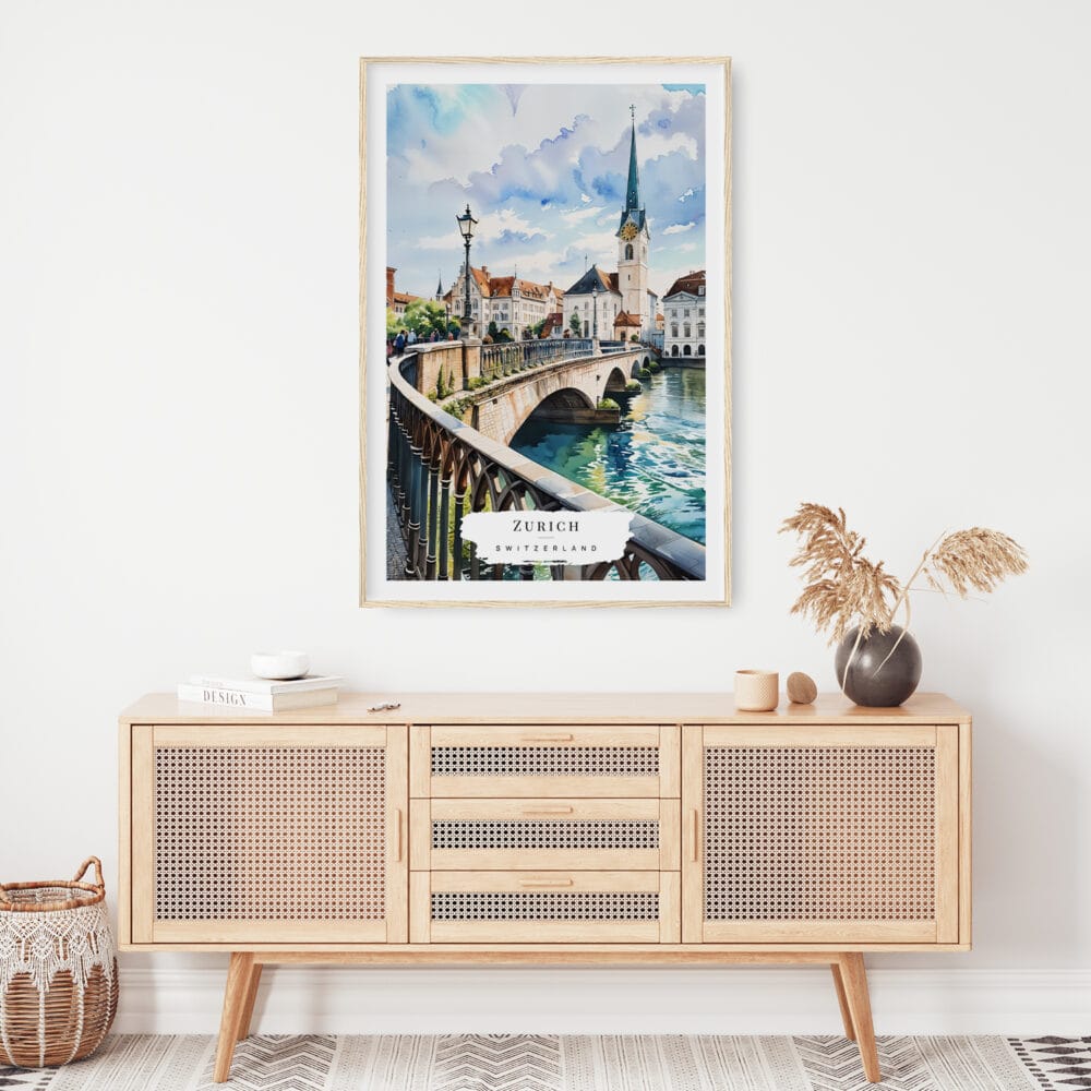02 - Zurich Switzerland Watercolor Art Print Hanging above Shelf.jpg 02 - Zurich Switzerland Watercolor Art Print Hanging above Shelf.jpg