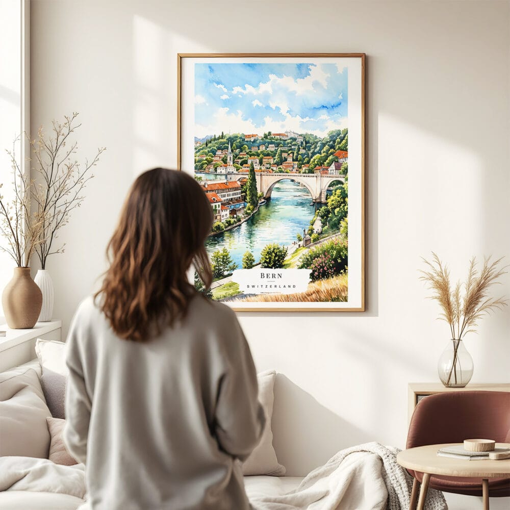 03 - Framed Bern Switzerland Watercolor Wall Art - In Living Room with Woman Looking at it - Portrait.jpg 03 - Framed Bern Switzerland Watercolor Wall Art - In Living Room with Woman Looking at it - Portrait.jpg